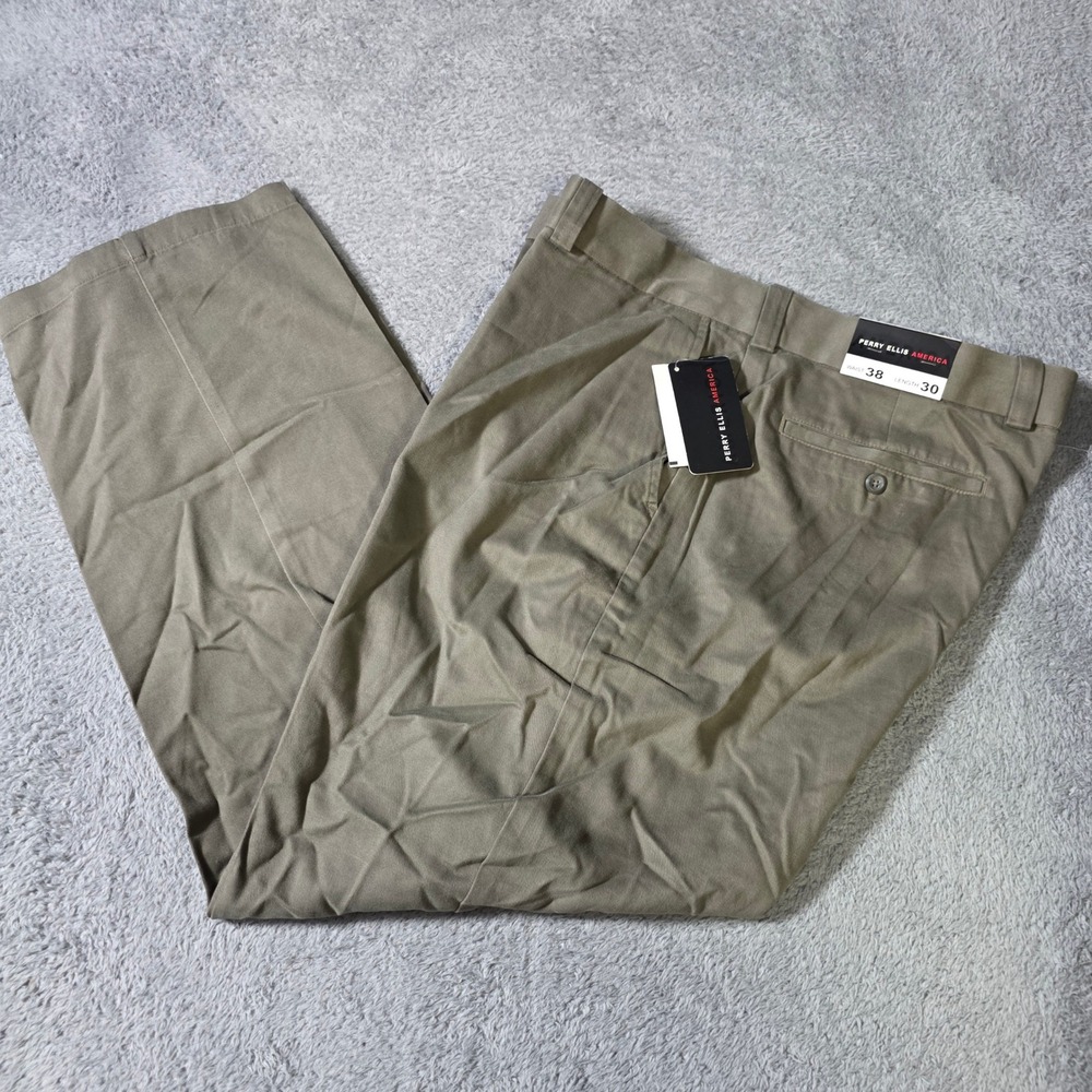 Perry Ellis America Mens 38x30 Chino Trousers Olive Green Flat Front Straight Lg